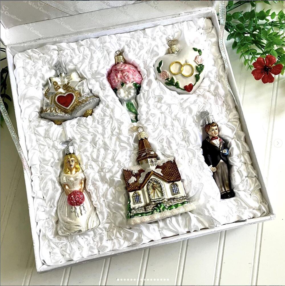 Vintage Old World Christmas Glass Ornament Wedding Gift Set Bride Groom Set of 6
